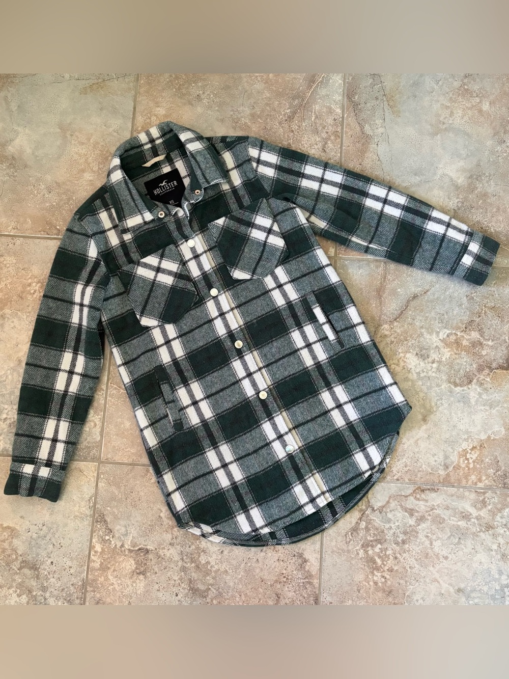 Hollister Shacket Heavy Flannel Shirt Jacket XS Long Coat Green White Fall Cozy